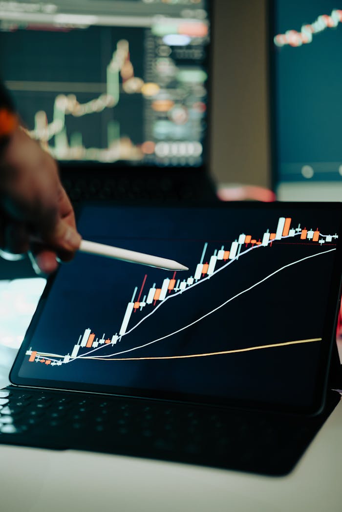 Close-up of a digital tablet showing a financial growth chart with graphs and trends under analysis.